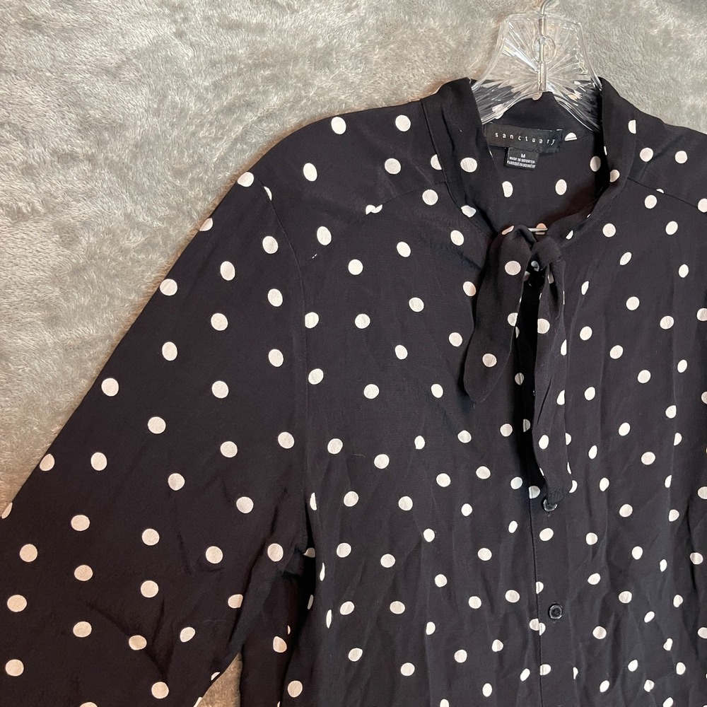 Sanctuary Women Polka Dot Tie Neck Blouse M Classic Parisian Chic Retro Mod